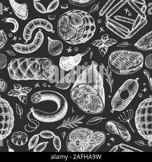 Retro vector meat products seamless pattern. Hand drawn ham, sausages,  steak, jamon, spices and herbs. Raw food ingredients. Vintage illustration.  Can Stock Vector Image & Art - Alamy
