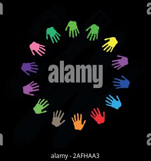 Colorful handprints, on black, of human hands in circle. Stock Vector