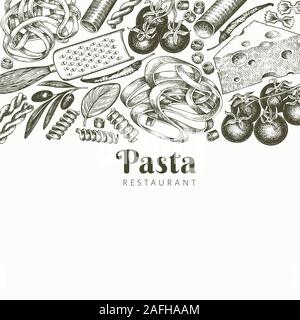 Italian pasta with addition design template. Hand drawn vector food illustration. Engraved style. Retro pasta different kinds background. Stock Vector