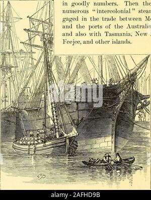 . The boy travellers in Australasia : adventures of two youths in a journey to the Sandwich, Marquesas, Society, Samoan and Feejee islands, and through the colonies of New Zealand, New South Wales, Queensland, Victoria, Tasmania, and South Australia. A GOOD LOCATION FOR BUSINESS. 468 THE BOY TRAVELLERS IN AUSTRALASIA. run over by moving cars or stumbled among the piles of goods that layabout. Vessels from all parts of the world were lying at the piers; atanchor in the bay were other vessels, steamers and sailing craft, like-wise hailing from the four quarters of the globe. All the great com-pa Stock Photo