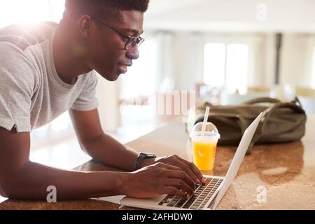 Millennial African American man checking fitness data on laptop at home after gym, side view Stock Photo