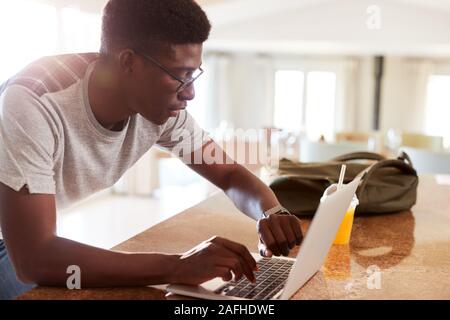 Millennial African American man checking fitness data on laptop at home after gym, side view Stock Photo