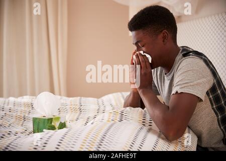 Millennial African American man sitting up in bed blowing nose, side view, close up