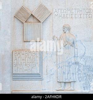 Bas-relief depicting Pythagoras and his theorem on the wall of the Faculty of Mathematics at the university of Coimbra, Coimbra, Portugal Stock Photo