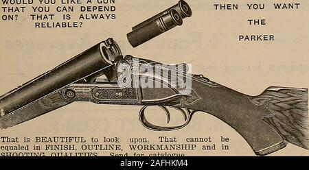 . Breeder and sportsman. ITHACA GUNS THIS illustration shows our No. 7 $300 list gun. It is impossibleto show by a cut the beautiful finish, workmanship and materialof this grade of gun, it can only be appreciated after you have— —^ handled and examined the gun for yourself. It is fitted withthe best Damascus or Whitworth Fluid Steel barrels, the finest figuredWalnut stock that Nature can produce, is hand checkered and engravedin the most elaborate manner with dogs and birds inlaid in gold. Sendfor Art Catalog describing our complete line, 17 grades, ranging inprice from $17.75 net to $300 lis Stock Photo