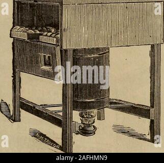 . Artificial incubation and incubators ... foregoing description, this machine THE PARREY INCUBATOR. lid has no regulator. While it might run with comparatively uniformtemperature in the climate of California, in the country east ofthe Eocky Mountains, it would be absolutely impossible to con-trol the temperature within ten or more degrees, unless it wasconstantly watched. We understand the maehine has accom-plished good work in the hands of its inventor. It was patentedJanuary 20th, 1883. THE PARRET INCUBATOR (Fig 92.) hails from Michigan. It is a Hot-Air Machine. The followingdescription is Stock Photo