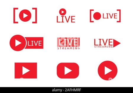Live stream. Play buttons, Live streaming label icon set, online broadcasting signs Stock Vector
