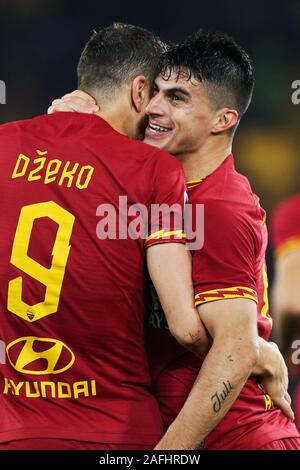 Diego Perotti of Roma celebrates with Edin Dzeko after scoring 2-1 goal during the Italian championship Serie A football match between AS Roma and Spal 2013 on December 15, 2019 at Stadio Olimpico in Rome, Italy - Photo Federico Proietti/ESPA-Images Stock Photo