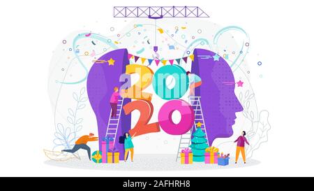 Tiny people insert a huge numbers 2020 into a human head Stock Vector