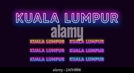 Neon Kuala Lumpur name, capital City in Malaysia. Neon text of Kuala Lumpur city. Vector set of glowing Headlines with transparent backlight. Bright G Stock Vector