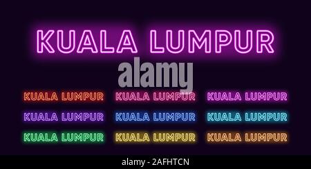 Neon Kuala Lumpur name, capital City in Malaysia. Neon text of Kuala Lumpur city. Vector set of glowing Headlines with transparent backlight. Red pink Stock Vector