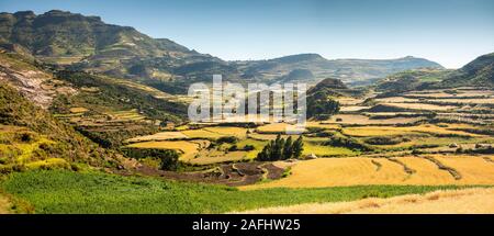 Ethiopia, Tigray, Debab, terraced, agricultural fields in spectacular landscape at harvest time, panoramic Stock Photo