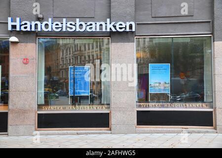 STOCKHOLM, SWEDEN - AUGUST 22, 2018: Handelsbanken bank branch in Stockholm, Sweden. It is one of largest banks in Sweden with 460 locations. Stock Photo