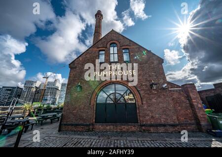 LIVERPOOL, UNITED KINGDOM - AUGUST 13: This is the Pump House, an historic industrial building which is now a pub on the Royal Albert Dock on August 1 Stock Photo