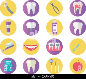 Dental icon set, flat style. Stomatology kit isolated on white background.Dentistry collection of design elements. Vector illustration, clip art Stock Vector