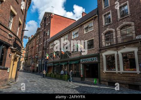 LIVERPOOL, UNITED KINGDOM - AUGUST 13: This is Temple Court Street, a bar street in the famous Cavern Quarter on August 13, 2019 in Liverpool Stock Photo