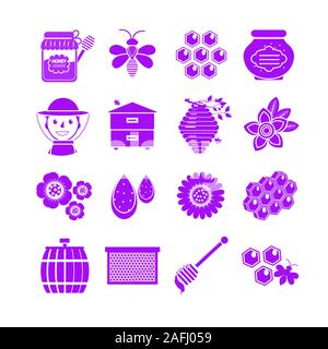 Honey icons set, neon silhouette style. Beekeeping collection of objects isolated on white background. Apiculture kit of design elements. Vector Stock Vector