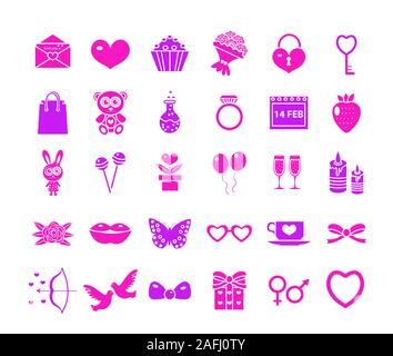 Valentines Day icon set, neon silhouette style. Love, romance, wedding collection signs, symbols, isolated on white background. Vector illustration Stock Vector