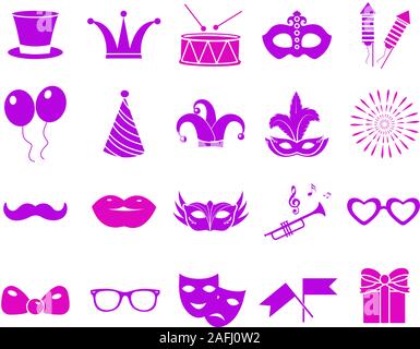 Carnival icon set, neon silhouette. Party, masquerade collection signs, symbols, isolated on white background. Vector illustration clip-art Stock Vector