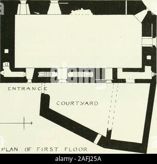 . The castellated and domestic architecture of Scotland, from the twelfth to the eighteenth century. PLAN OF SECOND FLOOR |i mil Ml j 1 j 1. PLAN OF FIRST FLOOR Fio. 124.—Carriok Castle. Plans. There is no projecting parapet at the top, the battlements being flushwith the general face of the walls. Numerous gargoyles were providedfor throwing ofl the water from the parapet walk, but all of them aremore or less broken. The keep bears a considerable resemblance toThreave in some of its details, but it is of more reflned workmanship, andis probably somewhat later in date. THIRD PERIOD 188 — CARRI Stock Photo