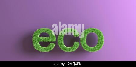 Word prefix eco made of grass isolated on light purple background, concept of ecology, preservation, organic production, 3d rendering, 3d illustration Stock Photo