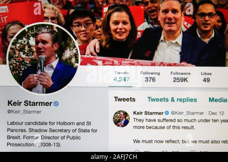 Twitter account of Sir Keir Starmer KCB QC - Member of Parliament for Holborn and St Pancras.Labour Party Leader, Jeremy Corbyn announced that he will not lead Labour into another election and will stand down in the New Year after Labour Party won 203 seats, in the General Election 2019, losing 59 seats from the poll in 2017. Stock Photo