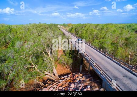 Aerial view of a motor vehicle crossing  Minnie Bridge, Willare, West Kimberley, Western Australia Stock Photo