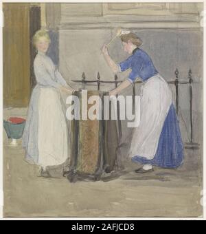 Two maids who knock out a mat in front of a town hall, Johan Antonie de Jonge, 1874 - 1927.jpg - 2AFJCD8
