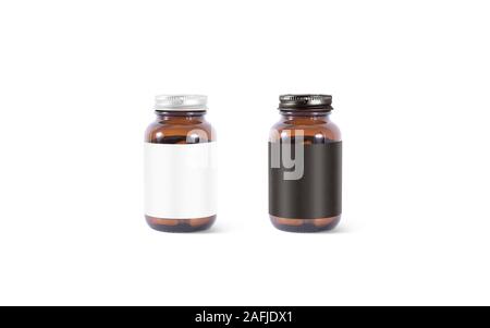 Blank amber glass pill can with black, white label mockup Stock Photo