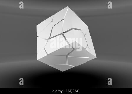 Abstract white flying cube with chaotic fragmentation is in an empty gray room, 3d rendering illustration Stock Photo