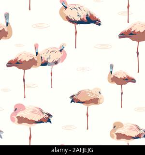 Tropical standing flamingo lagoon pattern. Seamless vector background. Pink and blue bird on white. Fabric, wallpaper, packaging, print. Hipster vintage kitchen pattern. Stock Vector