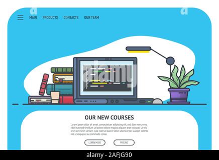 Home page for website with courses. Education site landing page. Laptop and pile of books with lamp on table. Online education and courses. Template f Stock Vector