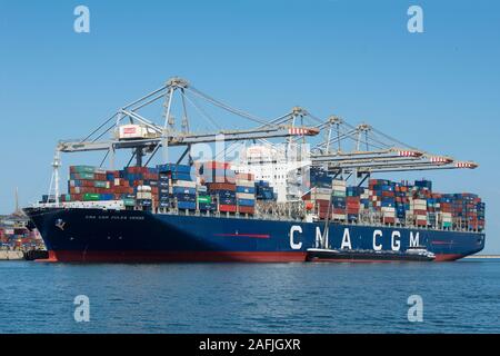 Rotterdam, The Netherlands - July 30, 3019: Jules Verne an Explorer class container ship built by CMA CGM and is one of the largest containerships in Stock Photo