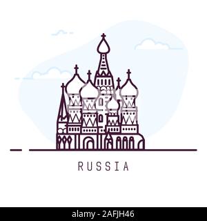 Russia city line style illustration. Famous Saint Basil's Cathedral in Red Square in Moscow. Architecture symbol of of Russia. Outline building. Sky c Stock Vector