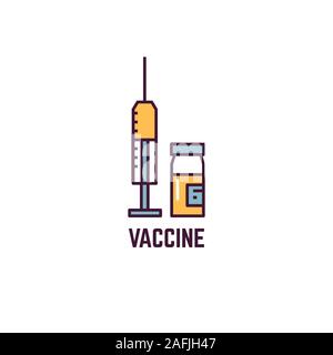 Vaccine line style illustration. Drug or syringe therapy. Vet pet vaccine. Immunization from flu of other disease. Line style syringe and bottle. Vacc Stock Vector