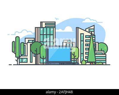 Modern city with new houses, big laptop, representing data and modern digital urban information. Buildings and nature park with trees. Smart and digit Stock Vector