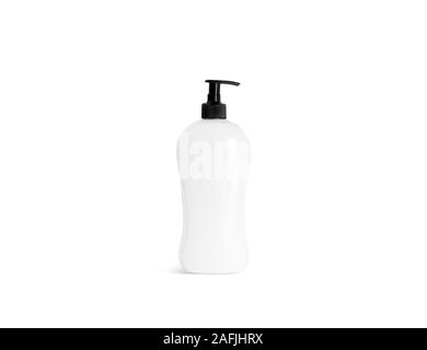 Blank white shampoo bottle with black pump mockup, front view Stock Photo