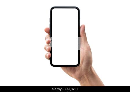 Hand holding smartphone isolated on white background. Stock Photo