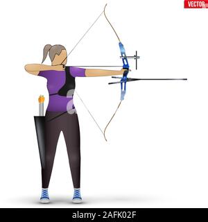 Archer with Bow Archery Sport. Archery Sport Equipment. Athlete Archer Woman Aiming an arrow. Vector Illustration isolated on white background. Stock Vector