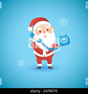 Christmas funny Santa Claus holding blue old phone, vector illustration. Stock Vector