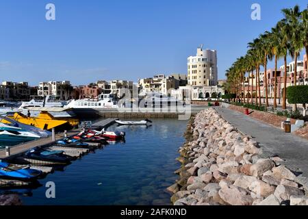 Aqaba, Jordan - March 04, 2019: Marina with boats in Tala Bay Resort on Red Sea