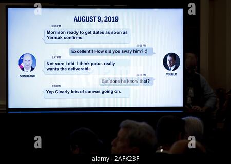 Washington, District of Columbia, USA. 20th Nov, 2019. A screenshot of an August 9th text messaging conversation with Kurt Volker, former United States Envoy to Ukraine, is displayed during a US House Intelligence Committee impeachment inquiry hearing with Gordon Sondland, the U.S. ambassador to the European Union in Washington DC, on Wednesday November 20th, 2019 Credit: Anna Moneymaker/CNP/ZUMA Wire/Alamy Live News Stock Photo