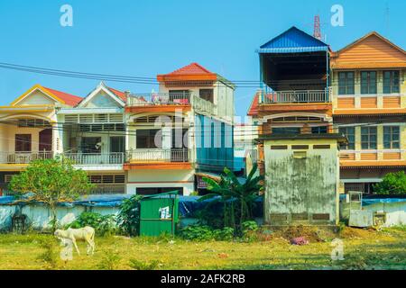 Rear verandahs of houses and a passing Brahman cow at this old French colonial river port city; Kampot, Kampot Province, Cambodia Stock Photo