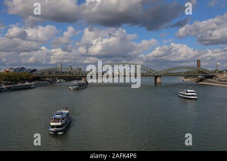 Rhine river is an active transport route in Germany. Goods and people are transported with river boats. Stock Photo