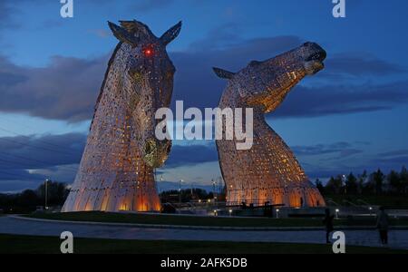 The Kelpies, Connecting Communities in the Falkirk Council Area, Forth and Clyde Canal at dusk, Scotland, UK Stock Photo