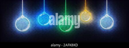 Christmas ball neon background. Set of realistic colorful Xmas glowing decorations Stock Vector