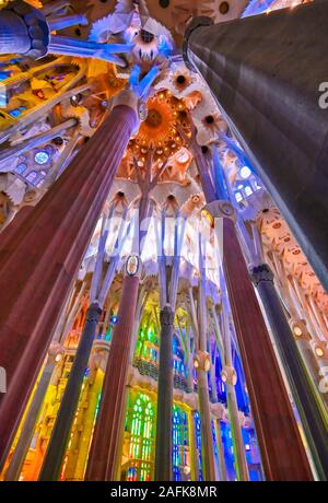 Barcelona, Spain - June 15, 2019 - The interior of the main chapel of the Sagrada Familia which began construction in 1882. Stock Photo