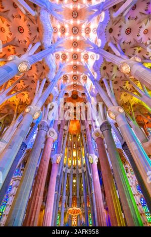 Barcelona, Spain - June 15, 2019 - The interior of the main chapel of the Sagrada Familia which began construction in 1882. Stock Photo