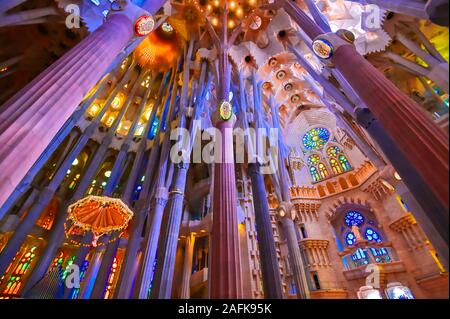 Barcelona, Spain - June 15, 2019 - The interior of the main chapel of the Sagrada Familia which began construction in 1882. Stock Photo