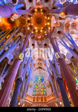 Barcelona, Spain - June 15, 2019 - The interior of the main chapel of the Sagrada Familia which began construction in 1882. Stock Photo